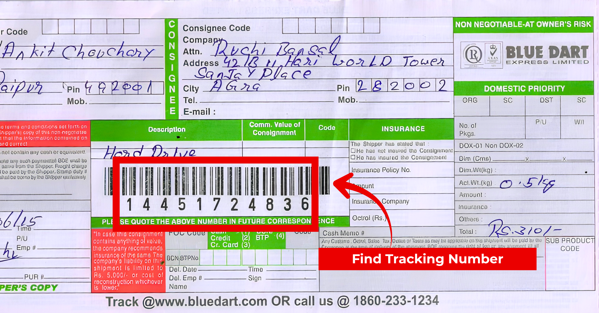 Where to find Blue Dart waybill number on booking receipt