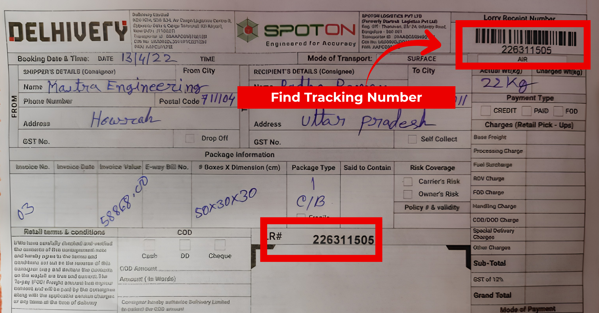 Where to find Delhivery AWB number on booking receipt