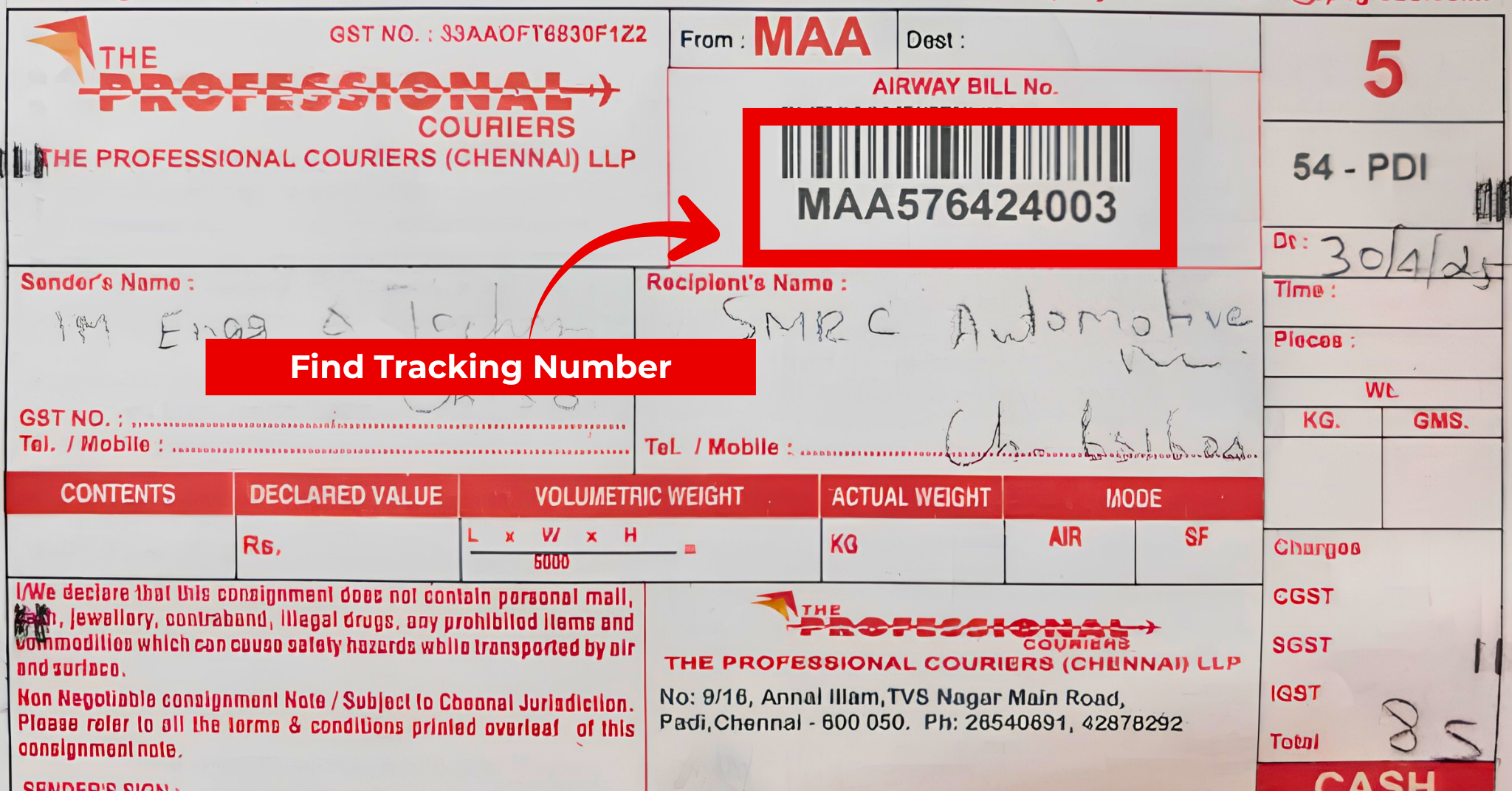 Where to find TPC consignment number on booking receipt