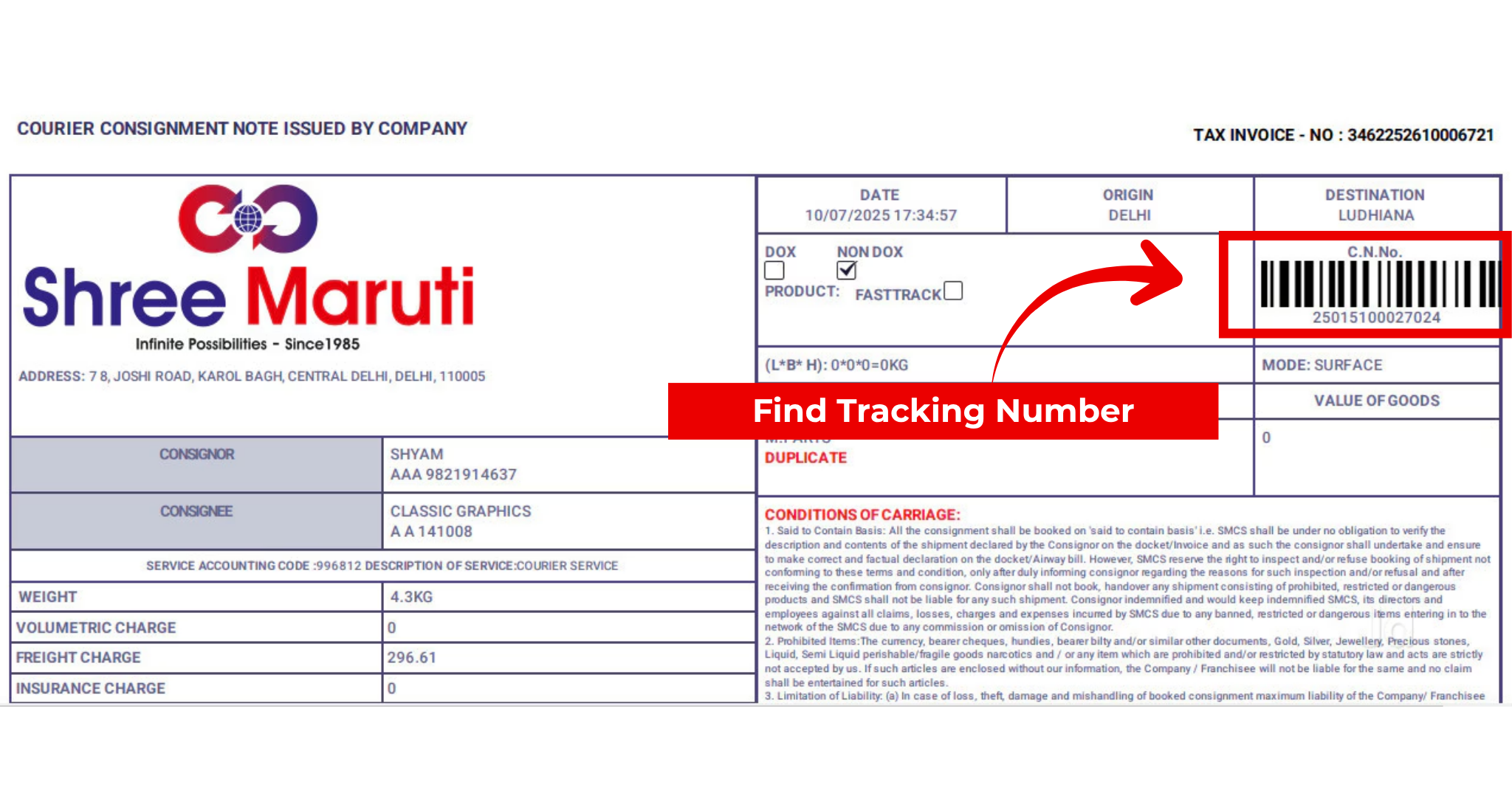 Where to find Shree Maruti consignment number on booking receipt