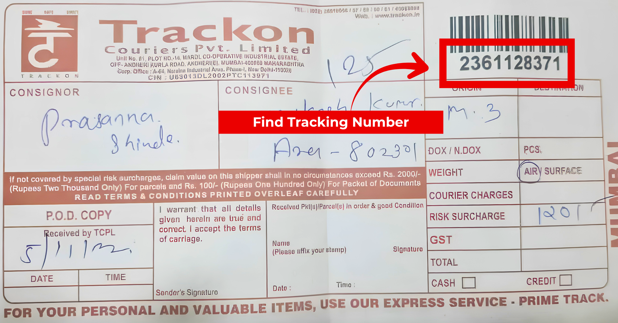 Where to find Trackon consignment number on booking receipt